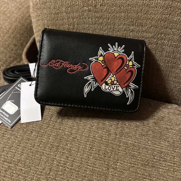 ED HARDY Love Crossbody Wallet Chains Skull Black Mini Bag Wallet Cute Small - Picture 3 of 13